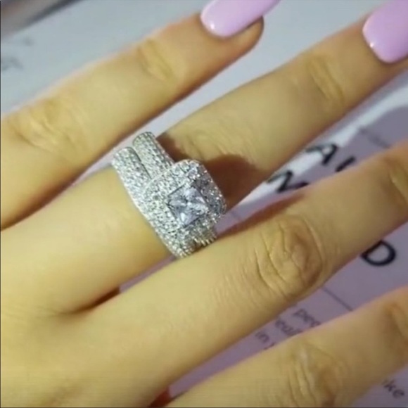 PRINCESS 925 STERLING SILVER DIAMOND HALO RING SET, CUTE RING, SHINY RING. - Picture 3 of 8